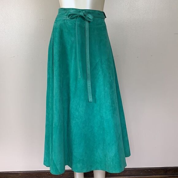 GRUNSTEIN COUTURE Finland suede leather skirt size L XL green maxi luxury - Picture 2 of 13